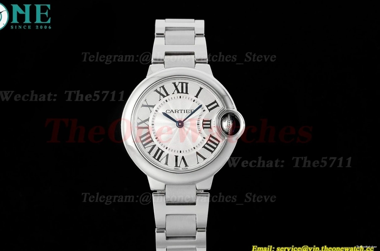 White Dial AF SS Bleu SS Cartier Ballon De Quartz 33mm 0327